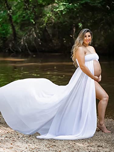 Women's Off Shoulder Strapless Maternity Dress For Photography Split Front Chiffon Gown For Photoshoot (White) One Size #TOP5