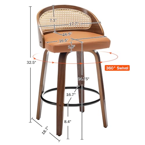 Image of 24.8 inch Swivel Rattan Bar Stools Set of 3,Mid-Century Modern Orange Leather Upholstered Counter Height Stools,Kitchen Island Barstools with Rattan Low Backrest,Walnut Wood Finish Bar Chair
