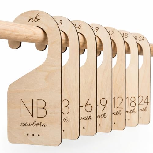 Image of White Loft Baby Closet Dividers in Natural Birch Wood - Wooden Nursery Closet Organizer with Etched Labels for Newborn to 24 Months - 7 Piece Gift Set