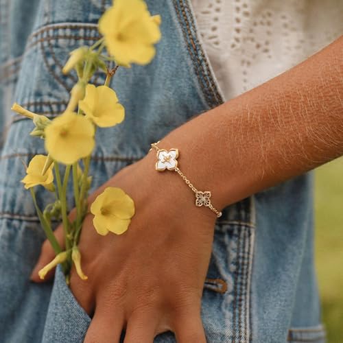 MYEARS Women Bracelet Gold Clover Flower Bead Sideways Charm Cubic Zirconia 14K Dainty Simple Thick Chain Everyday Trendy Lucky Jewelry2