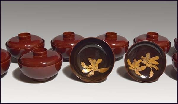 吸物椀　金彩　漆 花　絵　木製　10客　木箱 溜塗 かぶら蒔絵吸物椀10客 桐箱 漆工芸 漆芸 木工芸 天然