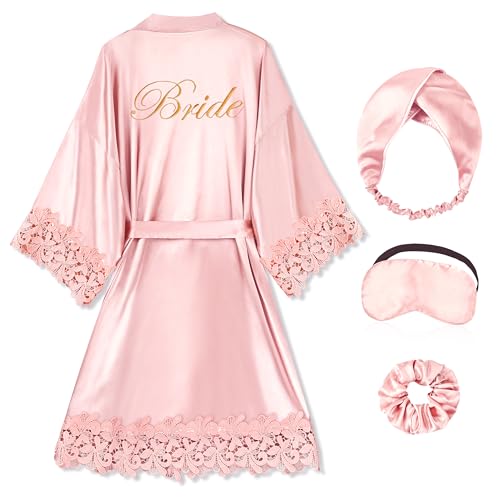 Image of EPLAZA Bride Robe for Wedding Day Set Bridal Robe Lace Trim Silky Embroidery Satin Kimono for Bridal Party