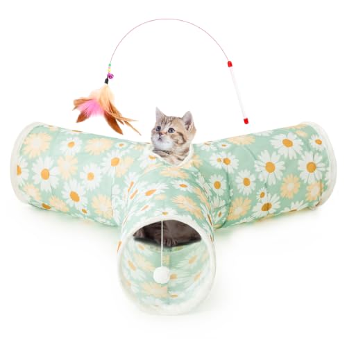 Image of Tempcore Cat Tunnel, 3-Way Collapsible Toy, Large Size Daisy Green Printed | Large Size 3-Way Cat Tunnel Provides More Room for Cats to Run, Hide and Chase, with Peek Holes, Hanging Ball and Teaser Wand