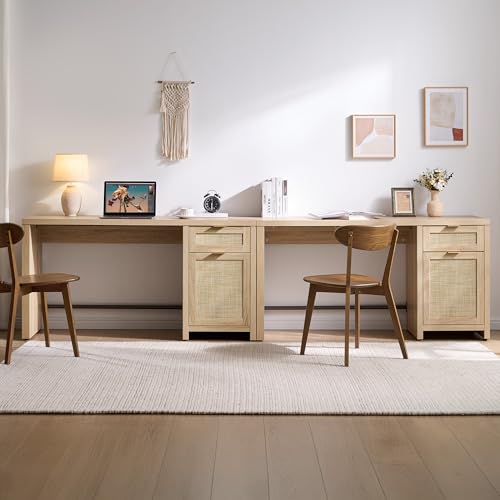 Image of SICOTAS Rattan Home Office Desk with Drawer & Storage, Executive Desk | 59 inch Large Boho Farmhouse Computer Table Vanity Desk for Office, Study, Living Room, Dining Room