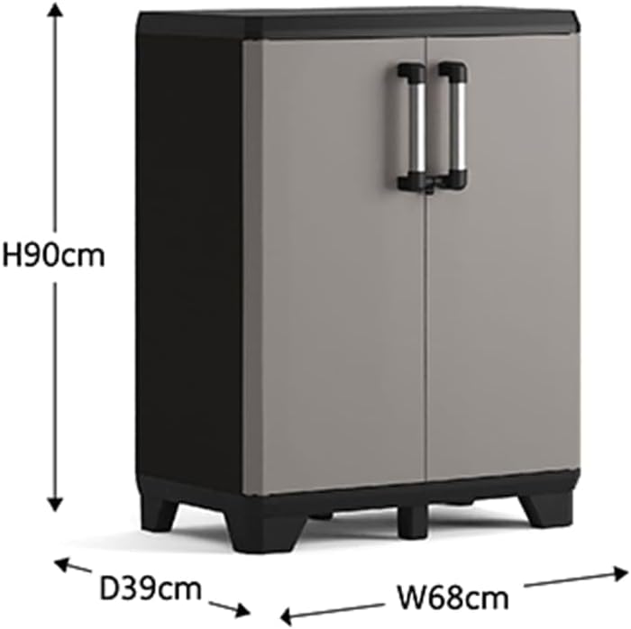 Diagram showing dimensions of Keter Pro Low Storage Cabinet: Height 90cm, Width 68cm, Depth 39cm