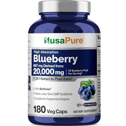 NusaPure Blueberry Concentrate 30:1 Extract, 667 mg Equivalent to 20,000 mg 180 Veg Caps Suitable