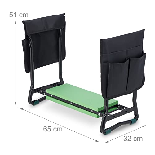 Relaxdays Kniebank für Gartenarbeit, klappbar, gepolstert, gelenkschonende Kniehilfe, Taschen, bis 150kg, schwarz/grün