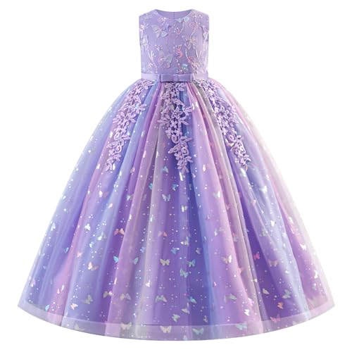 EFOGEP Blumenmädchenkleider Ärmelloses Pailletten Blume Tutu Prinzessin Kleid Elegantes Party Langes Abendkleid Baby Mädchen A-Linie Tüll Gwon Hochzeit Geburtstag Festzug Kleid Dunkles Lila 5-6Jahre