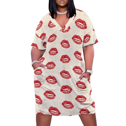 Bold Lips Pattern Womens Dresses Loose Summer Dress Comfortable V