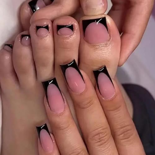 Image of 48 Pcs Black Press on Nails Medium & Press on Toenails Set Square Glue on Nail French Tip Fake Nails Artificial Acrylic Full Cover Stick on Toe Nails Glossy False Nail for Women Summer Manicure