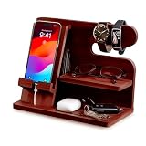 Nightstand Organizer - Wooden Chestnut Brown Phone Docking Station for Men - Key, Wallet & Watch Holder Gift for Dad, Husband, Boyfriend