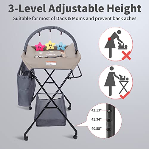 Portable Baby Changing Table - Waterproof Diaper Changing Table With Wheels, Adjustable Height Folding Diaper Station With Safety Belt, Large Storage Racks For Newborn Baby And Infant - Ocean, Grey #TOP3