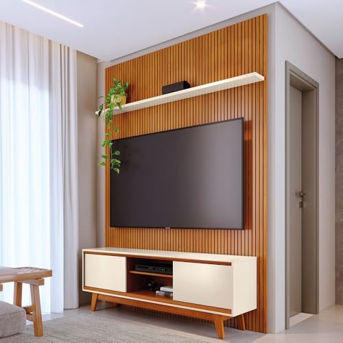 Rack com Painel MDF Frisado para Tv até 65 Polegadas 303cmx179cm Milo Cinamomo/Off White