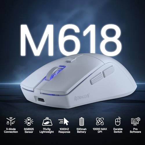 Image of Redragon M618 LIT Wireless Gaming Mouse, 10000 DPI Optical Ergonomic Mouse with 6 Programmable Buttons, 70G Ultra Lightweight, Software Supports DIY Keybinds