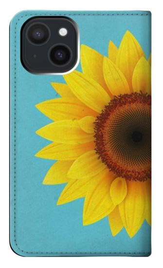 Etui flip iPhone 15 tournesol idéal pour voyager léger en bleu