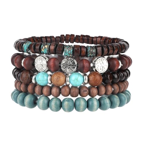 5pcs Life Tree Beaded Bracelets for Women, Multilayer Boho Bracelets Stackable Handmade Wood & Alloy Bead Elastic Bracelet Jewelry Gifts for Women Men