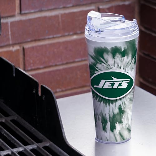 Image of Rico Industries NFL Football New York Jets Metallic Tie Dye 24oz Metallic Acrylic Tumbler with Hinged Lid, Officially Licensed Double Wall Tumbler with Straw