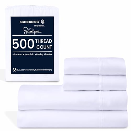 SGI 500 Thread Count 100% Supima Cotton King Sheet Set – Ultra Soft, Breathable, Deep Pocket 15” Fitted, Durable & Luxurious 4-Piece Bedding Set for Hotel-Quality Comfort, White Sheets