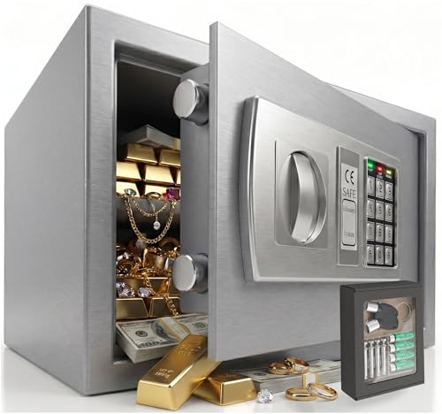 KESSER® Elektr. Tresor | 31x20x20cm | LED-Anzeige | Elektronischer Safe | Doppelbolzenverriegelung | Wandtresor | Montagematerial | Möbeltresor | Innenbeleuchtung, Panzerschrank Zahlenschloss Silber