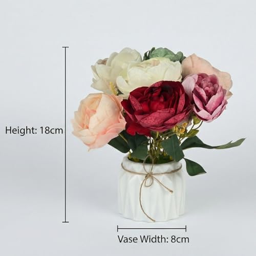 Image of Dekorly Artificial Lavender Plant in White Pot, 18cm - Realistic Faux Flower Arrangement for Home & Office Decor (Set of 1) (2, Peony)