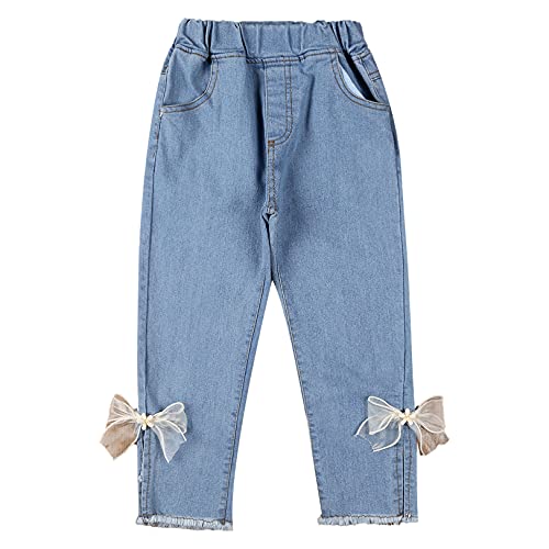 Toddler Little Girls Long Jeans Split Hem Lace Bowknot Decor Denim Pants Casual Bottoms