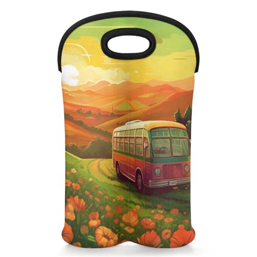 GzLeyigou 2 Bottles Bus in Field Wine Bag Sleeve Totes Spring Neoprene Protective Wine Carrier Bag for Wine,Water, Champagne, Beer, Baby Bottles,Gift 14.5 x 10 Inches