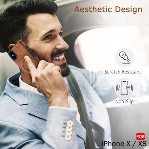 Image of TheGiftKart Genuine Leather Finish Back Cover Case for iPhone X /XS | Shockproof Design | Raised Edges for Camera & Screen Protection | Stunning Minimalist Design Cover (MagSafe Compatible, Brown)