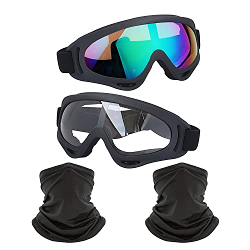 Image of LJDJ Motorcycle Goggles,2 Pack Dirt Bike ATV Motocross Windproof Anti-UV Adjustable Riding Cycling Hiking Protective with 2 Pack Neck Breathable Bandana Mask for Men Women Kids Youth Adult