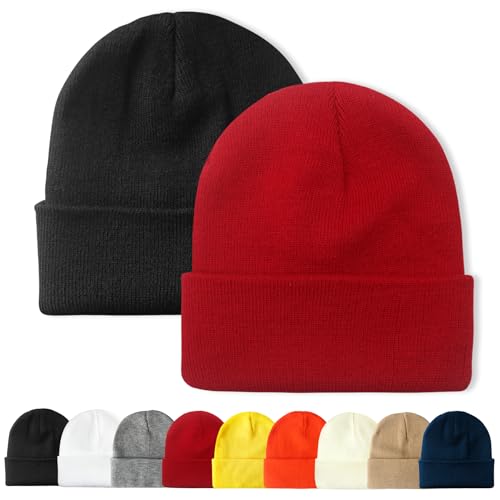 PFFY 2 Packs Unisex Beanie Hats for Men Women Knit Winter Beanies Black+Red