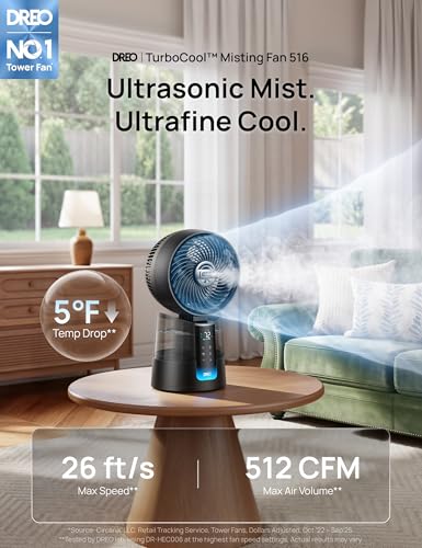 Image of DREO TurboCool Misting Fan 516, 150+30 Omni-directional Oscillating, Desk Cooling Fan 5℉ Drop, Evaporative air cooler, 26 ft /s Wind, Ultrafine Mist, 20dB, 6 Speeds 2 Modes, Remote Control, Black