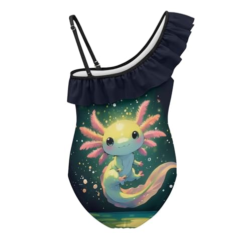 Image of WELLFLYHOM Axolotl Girls One Piece Swimsuits 3-14 Ruffle One Shoulder Bathing Suits Full Coverage Beachwear
