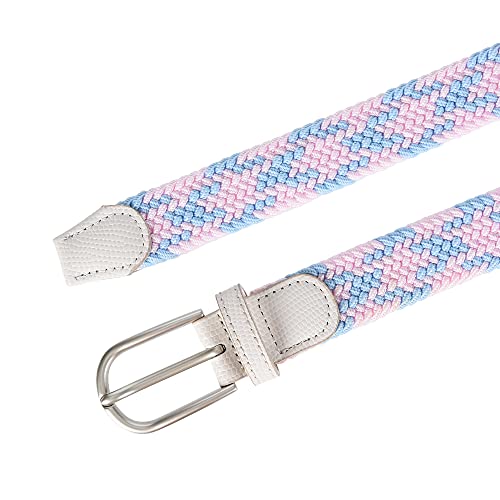 Univo Colors Multicolor Braided Elastic Stretch Oval Satin Nickel Pin Buckle Leather Loop End Tip For Women Girls Child Junior (Pink Blue 34") #TOP3