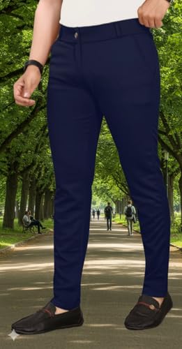 Image of Men's Classic Track Pants, Slim Fit, Lycra Blend Stretchable Business Casual Dress Pants, 4 Pockets, Button and Zipper Closure