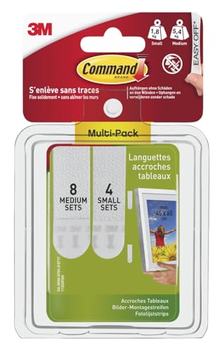 Command Klebestreifen, Vorteilspack 4x2 Klein und 8x2 Mittel (24 Strips), Weiß - Bilder Aufhängen ohne Bohren, Streifen halten bis zu 5,4 kg, Rückstandsfreies Ablösen