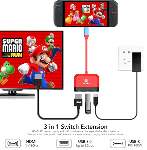 Image of RREAKA Dock for Nintendo Switch OLED, 3 in 1 Switch TV Adapter with 4K HDMI, USB 3.0 Port, Type C 100W Charging, Portable Switch Docking Station Travel, for Samsung Dex S24, MacBook