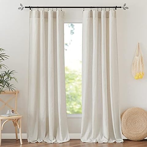 RYB HOME Linen Semi Sheer Curtains Flax Linen Blend Breathable Airy Window Drapes Soften Sunlight for Nursery, Hallway, Study, Home Office, Mansion, School, Hotel, W 52 x L 90 inch, 2 Panels, Linen Cover