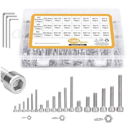 1080PCS Metric Screw Assortment Kit, M2 M3 M4 Bolts + Nuts + Flat Washers + Wrenches Set, 304 Stainless Steel Hex Socket Head Cap Machine Screws, Assorted Nut and Bolt Set with Case