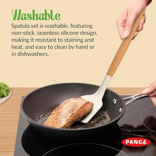 Image of PANCA Silicone Non Stick Spatula Set of 3 with Wooden Handle | Heat Resistant Cooking & Serving Spoon Set | Silicone Kitchen Tools for Cooking, Baking, Mixing (White)