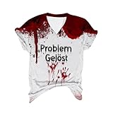 Problem Gelöst Print Halloween Tshirt Damen I'm Fine Blood Kurzarm V-Ausschnitt T Shirt mit Blutigem bedrucktes Shirts Blut Verletzung Halloween-Kokostüm leicht T-Shirt Tops Top Damen Party,