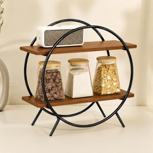 Image of 2 Tier Spice Rack Organizer for Kitchen Countertop - Metal & Wooden Masala Stand Condiments, Seasonings Multipurpose Storage Rack for Home & Kitchen Decor (Black Brown)