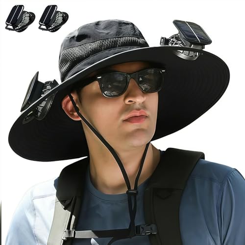 BIBIFACTORY 2025 Upgraded Wide Brim Solar Fan Outdoor Fishing Hat-Solar & USB Charging, for Fishing Hiking Beach (US, Alpha, One Size, Black)