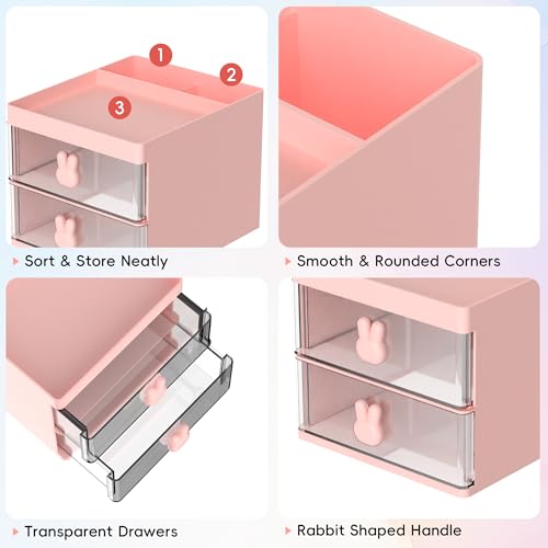 DRQ Organizador de mesa com 2 gavetas, suporte multifuncional para armazenamento de mesa com 3 compa
