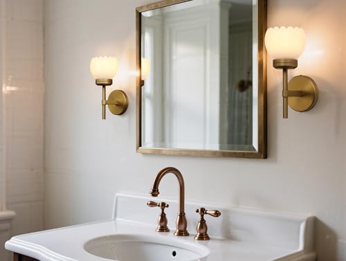 Image of Yosoan Brass Boho Indoor Vintage Wall Sconce Set of 2, Modern Vanity Gold Industrial Hardwired Wall Mounted with Milk Transparent Tulip Flower Shade for Living Room Bedroom Kitchen Hallway(Antique)