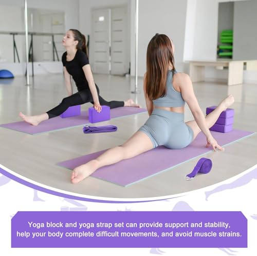 Image of Yoga Block Set of 2- Supportive Latex-Free Eva Foam - Soft Non-Slip Surface with Beveled Edges for Yoga, Pilates, Meditation - Yoga Accessories for Stability, Balance, Deepen Stretches (Multicolour) (Yoga Block & Strap, 9x6x4 in)