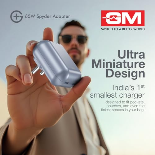 Image of GM G+ 65W Spyder GaN Charger | Foldable Indian Pin | Travel Friendly | Compact Dual-Type-C Port | Fast Charging for iPhone, Samsung, Laptop, MacBook Air, MacBook M4 | 1 Year Warrant | Light Blue