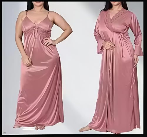 Image of Women's Satin Solid Maxi Nighty Full Sleeve 1 Nighty, 1 Wrap Gown Night Dress Ladies