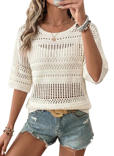 EVALESS Crochet Tops for Women 2026 Spring Summer Casual Boho Resort Wear Cruise Outfits Half Sleeve Beach Vacation Clothes Sweaters White Large