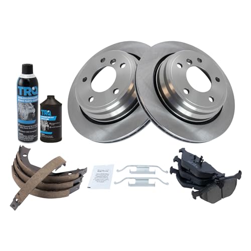 Image of TRQ Rear Brake Pad & Rotor Kit, with Chemical Kit Parking Brake Shoe Set Ceramic Compatible with 2001-2003 BMW 525i 1997-2000 528i 530i 1997-2003 540i