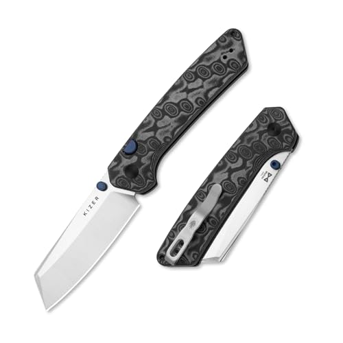 Kizer Madrac Pocket Knife 3.05 AEB-L Blade EDC Folding Knife with Black vortex pattern micarta Handle Small Survival Camping Knives with Thumb Stud & Button Liner Lock for Men Women V3693BSM1