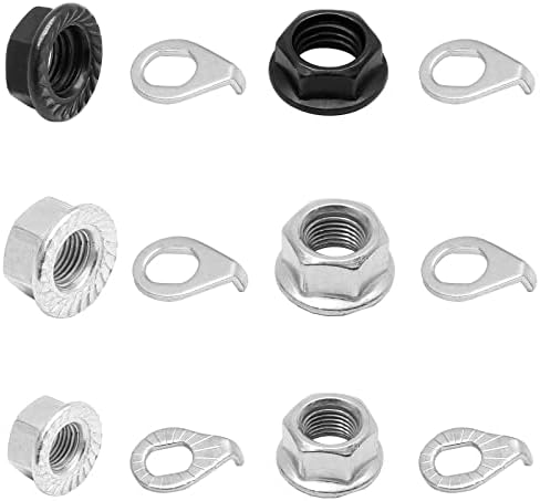 Moicstiy 12Pcs Bike Wheel Axle Nuts and Safety Washers, 3 Sizes Bicycle Hub Flanged Hardware Nut Kit Strength Steel Flange Nuts Wheel Retaining Bicycle Hook Hub Parts for Front and Rear Bike Wheel